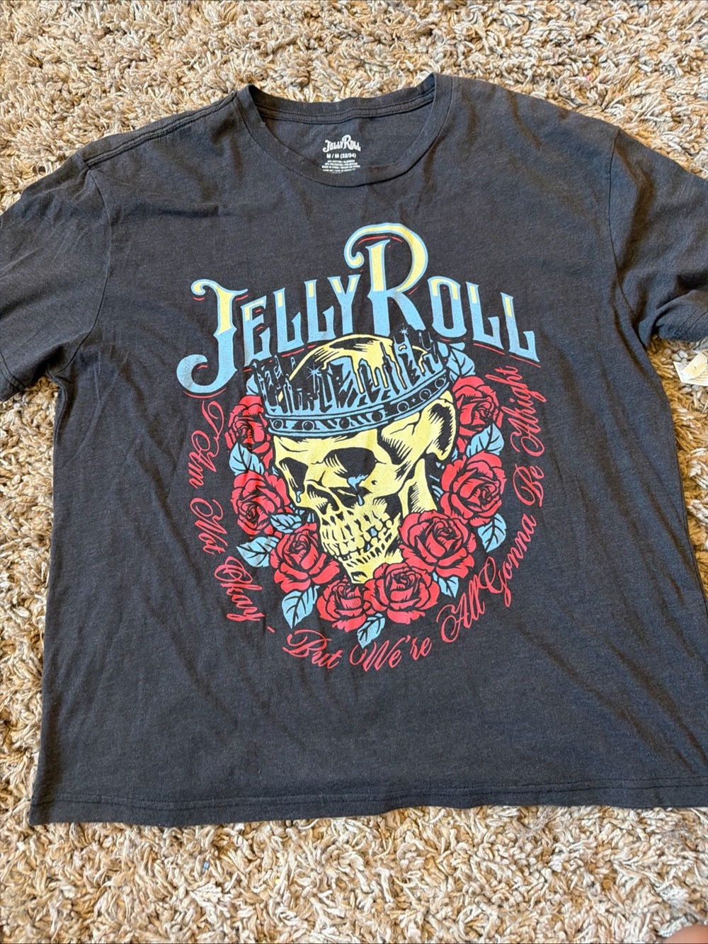 Jelly Roll Beautifully Broken Skull Rose Graphic Gray Men's M Crew Neck Tee